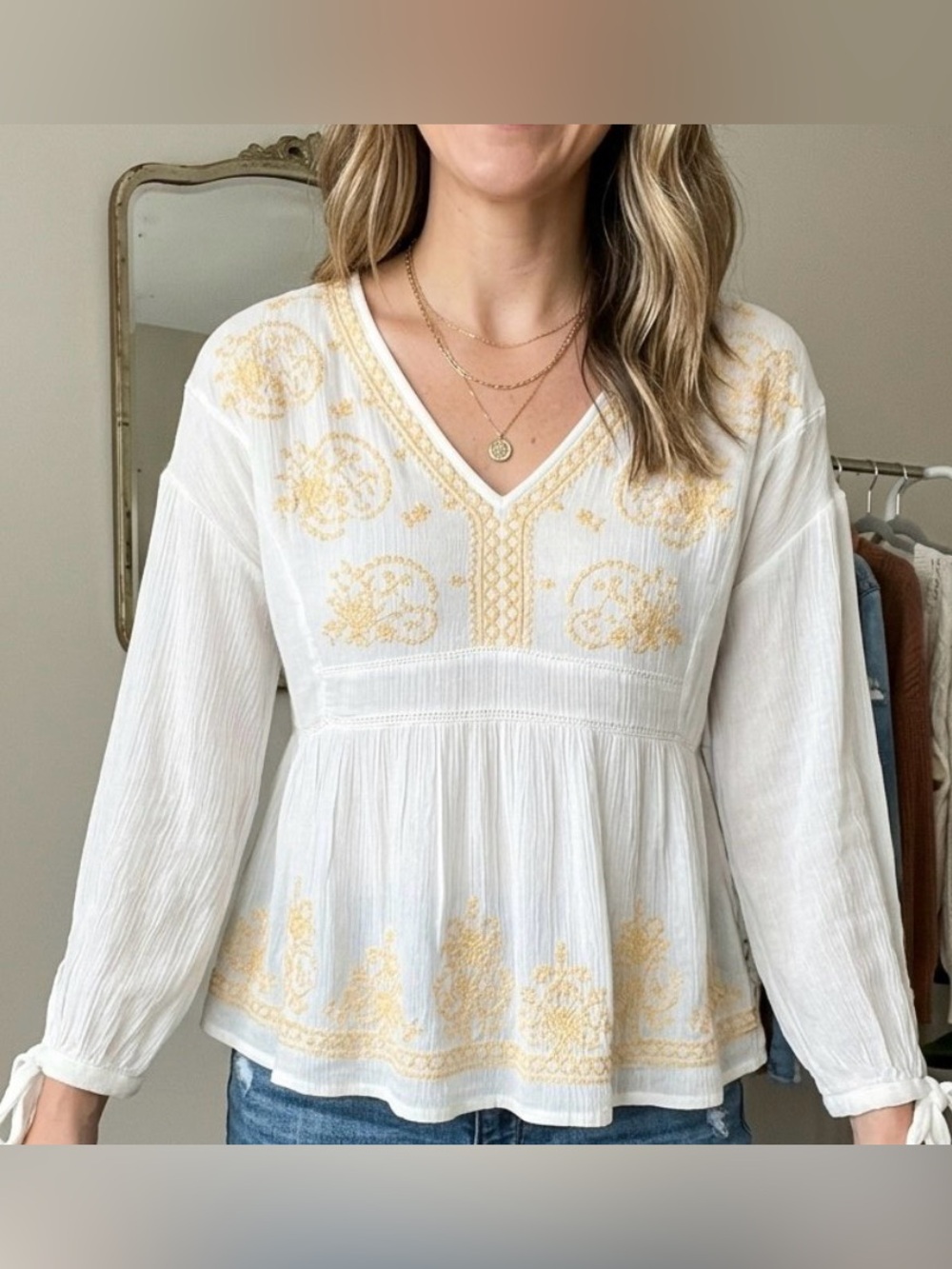Anthropologie Liv Los Angeles Ivory Embroidered Empire Waist Shirt Size L